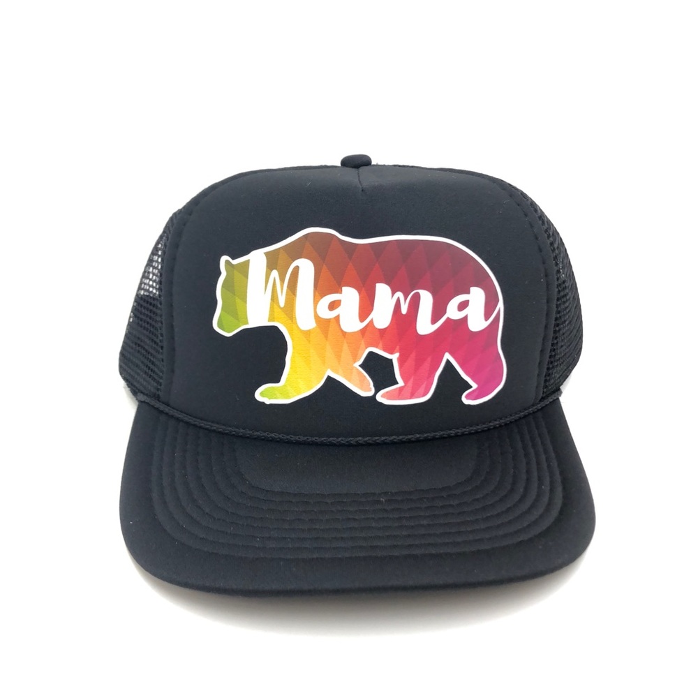 Mama Bear colorful black trucker hat